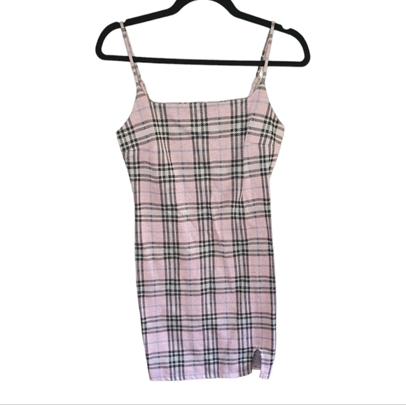 EVOLUTIONARY‎ Notch Front Jumper Spaghetti Strap Dress Plaid Pink Womens Jr Sz M - Picture 2 of 9